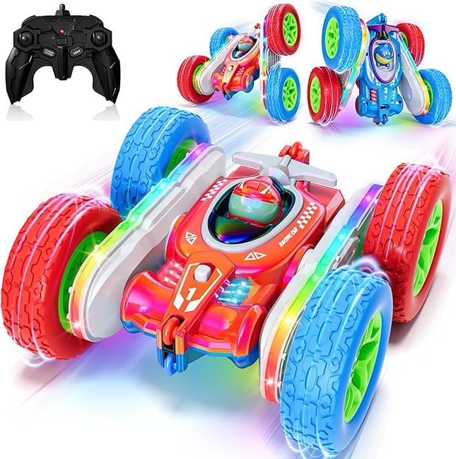 Remote Control Car for Kids Toys with Shiny Electroplated Finish, RC Cars Stunt Toy with LED Lights, 2.4GHz Double-Sided 360° Flips, USB-C Fast Charging, Perfect Birthday Xmas Gift for Boys