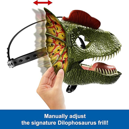 Mattel Jurassic World Dilophosaurus Role Play Mask with Venom Launchin Water Feature, Sound & Adjustable Frill, Dinosaur Costume Headgear Toy