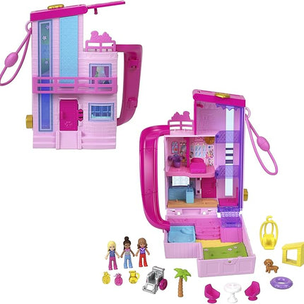 Polly Pocket Barbie Dreamhouse Compact, Dollhouse Playset with 3 Micro Dolls, 1 Puppy, 11 Accessories, Elevator & Pool