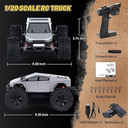1/20 Scale Brushless RC Cars for Adults,Fast Hobby RC Truck 4x4 Off-Road,Electric 4WD 45+Kph RC Buggy,Remote Control Car, Monster Truck,All Terrain RTR Vehicle,2 Lipo Batteries,JT20W