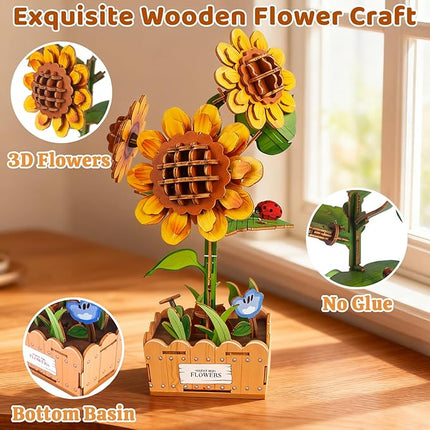 3D Wooden Flower Puzzles for Adults Sunflower, DIY Artificial Flower Building Set Wooden Bloom Craft Kits Home Decoration, for Women Mom Birthday Thanksgiving Christmas Valentine's Day