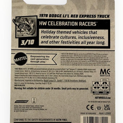 Matchbox Hot Wheels 1978 Dodge Li'l Red Express Truck, HW Celebration Racers 3/10 [red] 53/250