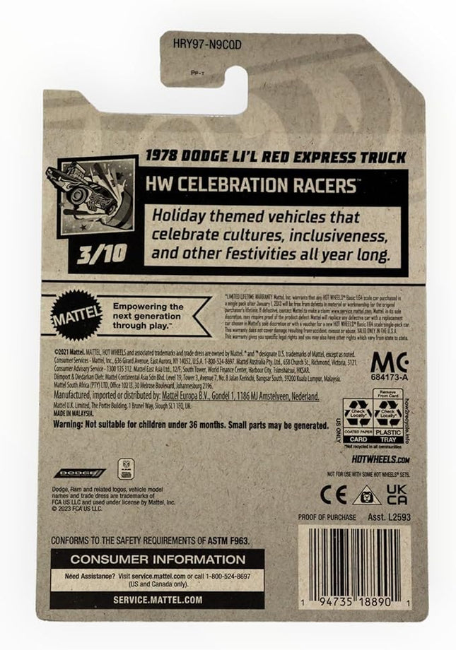 Matchbox Hot Wheels 1978 Dodge Li'l Red Express Truck, HW Celebration Racers 3/10 [red] 53/250