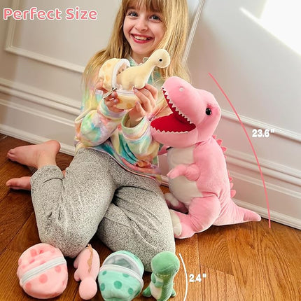 MorisMos Dinosaur Stuffed Animal with Babies,23.6'' Big Mommy Stuffed Dino T-rex with 3 Baby Dino Stuffed Toys & 3 Eggs Plush Inside Belly, Boy Girl Dinosaur Toys for Kids 3-5, Pink T-rex Toys Gift