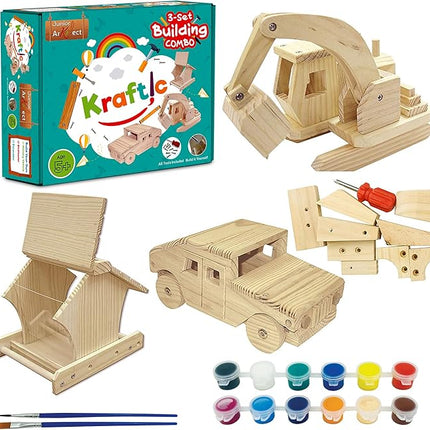 Kraftic Woodworking Building Kit for Kids and Adults, 3 Educational DIY Carpentry Construction Wood Model Kit STEM Toy Projects for Boys and Girls - Wooden Military Vehicle, Excavator and Bird-Feeder