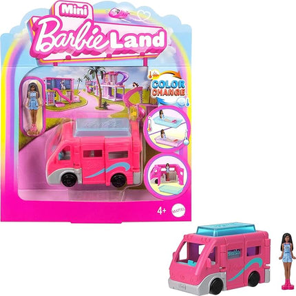 Barbie Mini BarbieLand Playsets with Toy Vehicle & 1.5-inch Doll, DreamCamper with Working Doors & Color-Change Pool