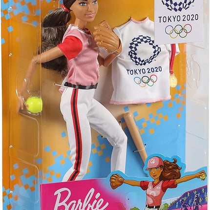 Barbie Olympic Games Tokyo 2020 Softball Doll with Softball Uniform, Tokyo 2020 Jacket, Medal, Softball, Bat and Glove for Ages 3 and Up