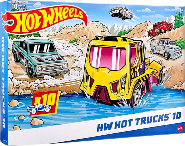 Hot Wheels 10-Pack, Set of 10 Toy Trucks in 1:64 Scale, Mix of Officially Licensed & Unlicensed Pick-Ups, Rescue or Semi Trucks (Styles May Vary)