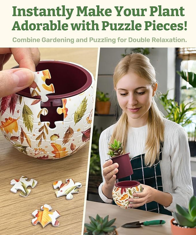 PieceRelax 3D Puzzle Planter 80 Pieces - Flower Pot - Dancing Leaves in Fall, Home Decor Flower Pots for Indoor Cactus, Succulents Pots [K1108]