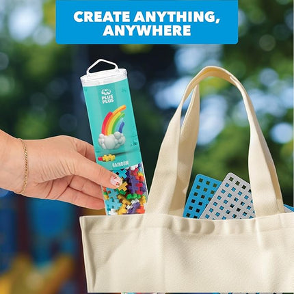 PLUS PLUS 240 Piece Interlocking Building Blocks for Kids, Open Ended Connecting Toys, STEM Bin Mini Manipulatives - Rainbow Mix Play Tube & Baseplate