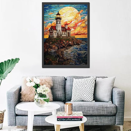 Seascape Jigsaw Puzzles 1000 Pieces for Adults, Families (Beavertail Lighthouse,House,Full Moon,Sea) Pieces Fit Together Perfectly 19.7''x27.6''inch Landscape Frameable Magic Puzzle Art（Yellow）