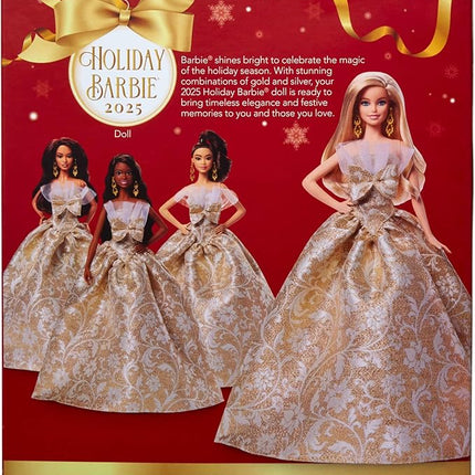 Barbie Signature 2025 Holiday Blonde Fashion Doll Wearing Silver & Gold Gown, Seasonal Collector in Displayable Packaging & Stand