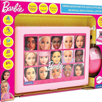 Lexibook, Barbie, Bilingual and Educational Laptop Spanish/English, Toy for Children, 170 Activities to Learn, Play Games and Music, Large Screen, Pink, JC599BBi2