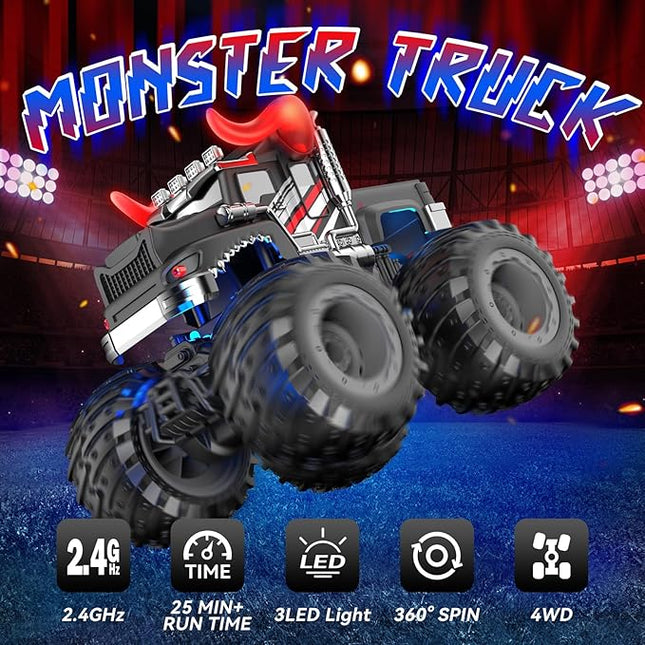 Remote Control Monster Trucks, 2.4GHz All Terrain RC Cars with Light Spray, Birthday Gift for Kids 3 4 5 6 7 8, Toddler Toys for Boys Girls 3+ Year Old