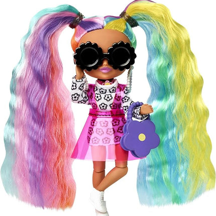 Barbie Extra Minis Doll #6 Wearing Flower Print Dress with Rainbow Hair, Doll Stand & Accessories Including Sunglasses & Purse, 5.5-inch
