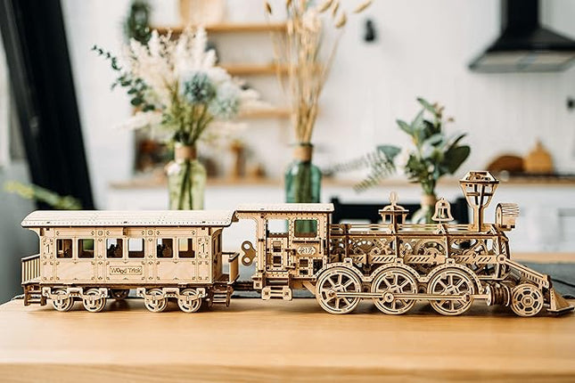 Wood Trick Wooden Toy Train Set with Railway - 34x7″ - Locomotive Train Toy Mechanical Model Kit - 3D Wooden Puzzles for Adults to Build - Engineering DIY Models for Adults to Build