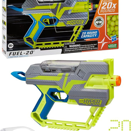 Nerf Hyper Fuel-20 Blaster, 20 Nerf Hyper Rounds, Up to 110 Fps Velocity, Hopper Fed, 20-Round Capacity, Easy Reload, Eyewear Included,Multicolor