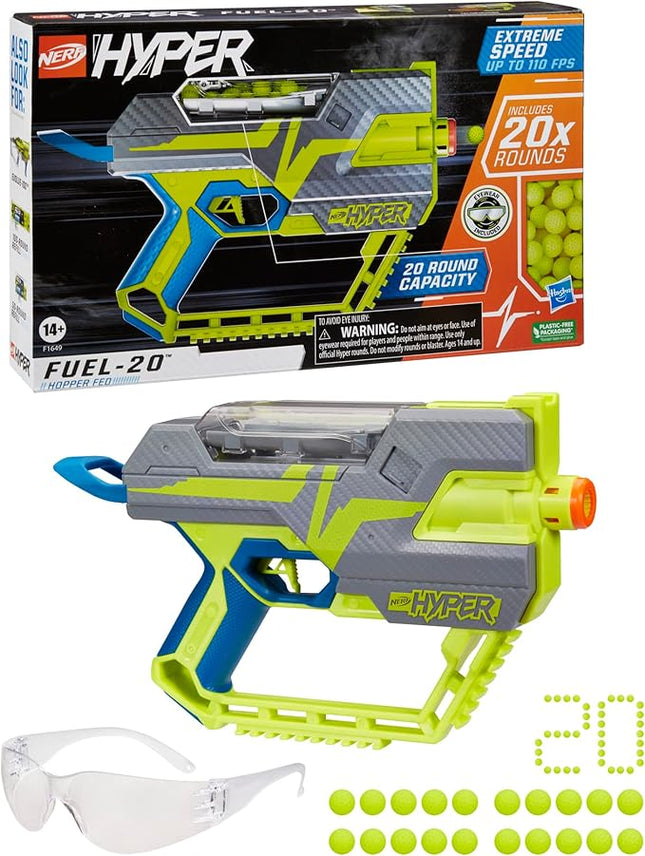 Nerf Hyper Fuel-20 Blaster, 20 Nerf Hyper Rounds, Up to 110 Fps Velocity, Hopper Fed, 20-Round Capacity, Easy Reload, Eyewear Included,Multicolor