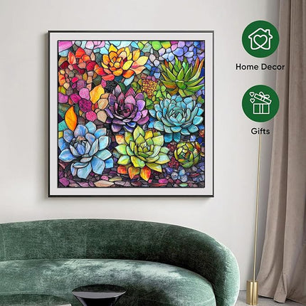 delobi Stained Glass Puzzle Succulent Wooden Puzzles for Adults 300 Pieces, Unique Liberty Challenging Jigsaw Puzzles Gift for Friends Family Game 12.4 x 12.4 Inch