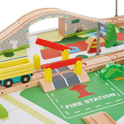 Teamson Kids Train Table Set with 85 Pieces, Preschool Play Lab Activity Table with Wooden Trains, Cars, Railroad, Town Scenery, & More for Kids & Toddlers, Wood Color