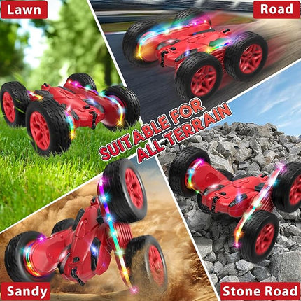 Remote Control Car,RC Cars with Sides Light Strip and Headlights,Double Sided 360 Flips Rotating RC Stunt Car,2.4Ghz All Terrain Toys for Ages 5-7 Kids Toy for Boys Girls Birthday Gift(Red)