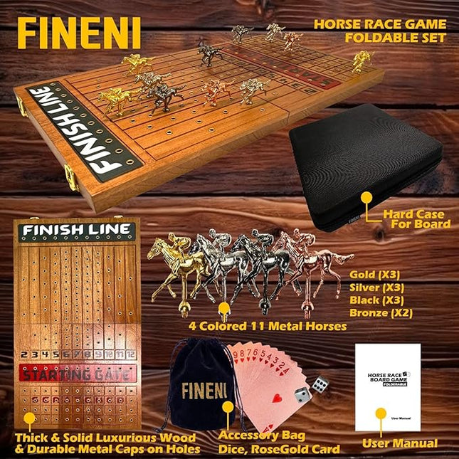 Horse Racing Game for Adults, Foldable Horse Race Board Game with 11 Luxurious Metal Horses (Gold, Silver, Black, RoseGold), 22” Sapele Wood Horse Race Game Board, Dice & RoseGold Card (Sapele)