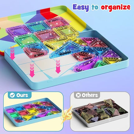 Travel Mini Magnetic Tiles Glitter Construction Set 42Pcs，Magnetic Building Blocks Stem Gift Travel Toys for Kids for Boys and Girls Ages 3+