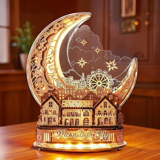 3D DIY Puzzle Moon City Model - LED 3D Wood Puzzle - 3D Wooden Puzzles for Adults Home Décor Gifts for Kids and Adults, White