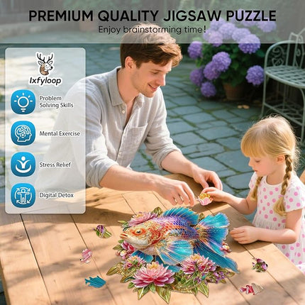 Wooden Puzzles for Adults, Lucky Carp Wooden Jigsaw Puzzles 203pcs, 11.1x11.5 inch Art Adult Puzzles, Irregular Wood Puzzles Creative Gift for Adults