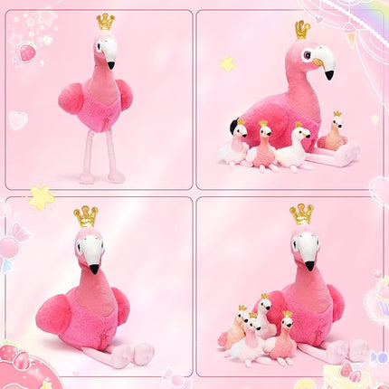 IKASA Mommy Flamingo Stuffed Animal Mom and Baby Plush Toy, Cute 24" Soft Small Mama Family Set Cuddly Toys with Little Mini Babies,Gifts for Kids