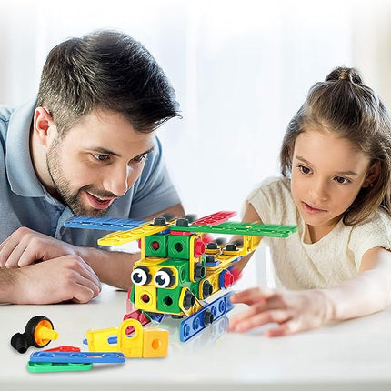 PicassoTiles 201pc STEM Learning Block Construction Kit with Power Drill and Clickable Ratchet Educational Engineering Toy Set Kids Age 3 Plus Preschool Activity Creative Play with Idea Book PTN201