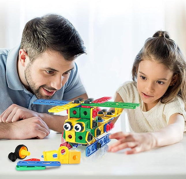 PicassoTiles 201pc STEM Learning Block Construction Kit with Power Drill and Clickable Ratchet Educational Engineering Toy Set Kids Age 3 Plus Preschool Activity Creative Play with Idea Book PTN201