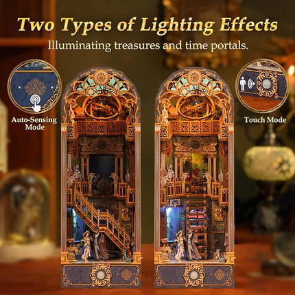 Tonecheer DIY Book Nook Kit for Adults, 3D Wooden Puzzle Bookend Miniature House Kit, Booknook Bookshelf Insert Decor with Dust Cover and LED Lights Gifts (Spacetime Museum)