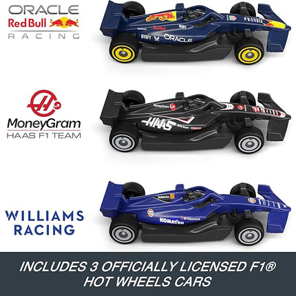 Hot Wheels Toy Car Track Set, Formula 1 Grand Prix Circuit Track Set with 3 1:64 Scale Die-Cast Toy Cars, Two Modes of Racing with a Motorized Booster