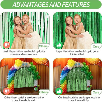 2 Pack Green Foil Fringe Curtains Streamers Party Decorations 3.3 x 8.2 ft, Tinsel Curtain Fringe Backdrop for Parties, Door Fringe Birthday Streamers, Photo Booth Backdrops, Party Decor