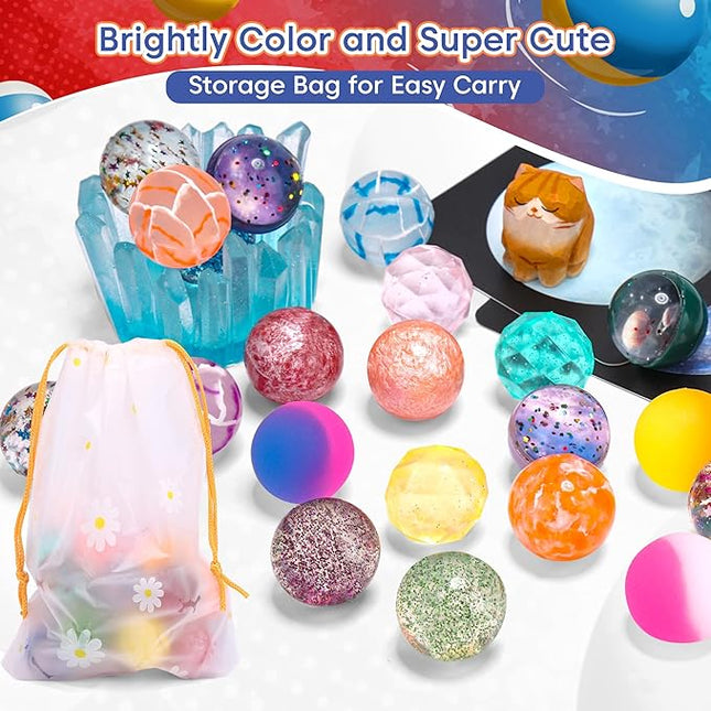 Pllieay 24 Pieces Bouncy Balls, 8 Styles Bouncy Balls for Kid, 32 mm High Bouncing Ball with Storage Bag ffor Kids Party Favors, Space Toys for Kids, Bag Filling