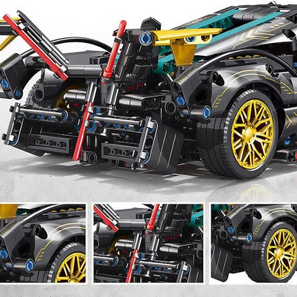 1:14-Scale RC Car Model Kit - Black-and-Gold Retro Supercar with APP Control, LED Lights, and Functional Scissor Doors for Creative Teens and Adult Hobbyists (1314 Pieces)