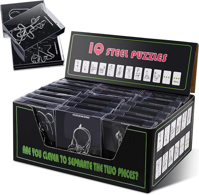 Yilloog 24 Packs Large Metal Puzzle Bulk Iq Wire Metal Puzzles with Paper Box Gift Package Educational Puzzle Toys Valentine Gifts Easter for Party Favor Teens Adults Challenge Gifts(Black)