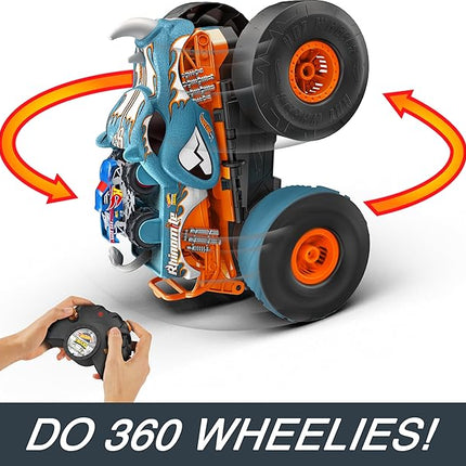 Hot Wheels Monster Trucks RC Toy, Remote-Control Transforming Rhinomite in 1:12 Scale & 1:64 Scale Race Ace, Converts into Launcher, Connects to Track