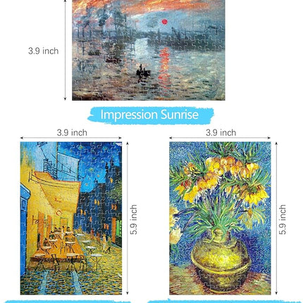 150 Pieces Mini Jigsaw Puzzle for Adults & Kids - 6" x 4" Small Capsule Tube Intelligent Game - Impression Sunrise, Fritillaries in a Copper Vase, Cafe Terrace at Night 3 Pack