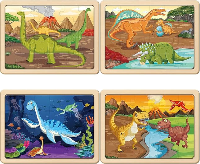 SYNARRY Large Dinosaur Wooden Puzzles for Kids 4 in 1 Gift Box(12.2 * 9.4 in) - FSC Certified, Jigsaw Puzzles for Kids Ages 4-6, Dinosaur Toys Gifts for 3 4 5 Year Old Boys Girls