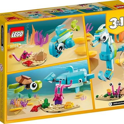 LEGO Creator 3 in 1 Dolphin and Turtle Toys for Kids, Transforms to Seahorse and Sea Snail or to Swimming Fish and Crab, Toy Sea Animal Figures Building Set for Kids 6 Plus Years Old, 31128