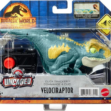Mattel Jurassic World Dominion Uncaged Dinosaur Toy with Clicker-Controlled Motion & Sound, Click Tracker Velociraptor 'Blue' Dino Action Figure