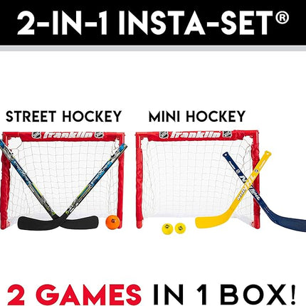 Franklin Sports - NHL Kids Folding Hockey Goals Set - (2) Street Hockey & Knee Hockey Goals - (2) Adjustable Youth Hockey Sticks, (2) Knee Hockey Sticks, (2) Mini Hockey Balls + (1) Street Hockey Ball