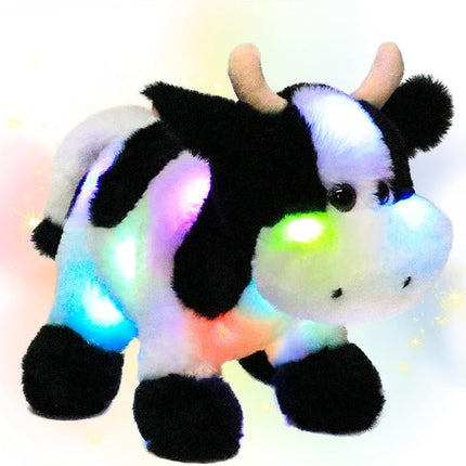 Hopearl LED Plush Cow Lighting Up Stuffed Animal Diary Cattle Floppy Night Lights Glow in The Dark Birthday Festival for Kids Toddler Girls, 12''