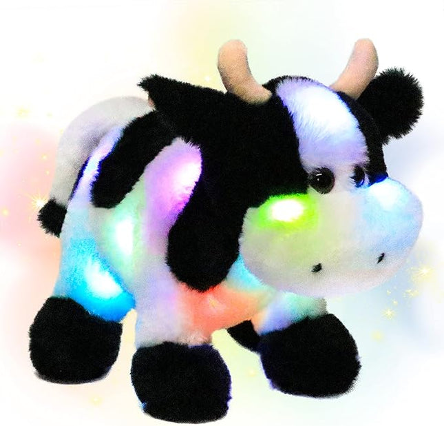 Hopearl LED Plush Cow Lighting Up Stuffed Animal Diary Cattle Floppy Night Lights Glow in The Dark Birthday Festival for Kids Toddler Girls, 12''