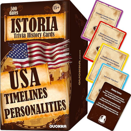 QUOKKA USA History & Personality Board Card Game - Istoria 500 Trivia Cards Double-Sided Deck - Fun Educational Trivia Games for Adults, Friends & Family Night - Ages 15+