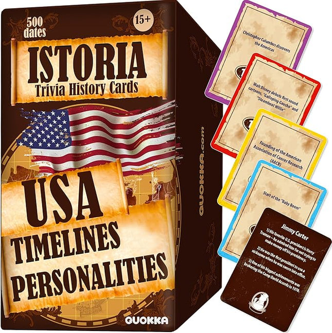 QUOKKA USA History & Personality Board Card Game - Istoria 500 Trivia Cards Double-Sided Deck - Fun Educational Trivia Games for Adults, Friends & Family Night - Ages 15+