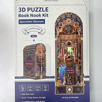 Tonecheer DIY Book Nook Kit for Adults, 3D Wooden Puzzle Bookend Miniature House Kit, Booknook Bookshelf Insert Decor with Dust Cover and LED Lights Gifts (Spacetime Museum)