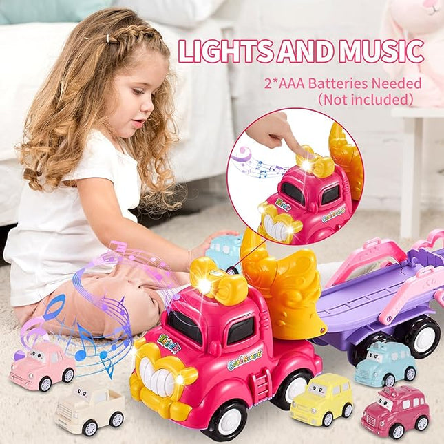 Toddler Girls Cars for 1 2 3 4 5 Year Old,7-in-1 Pink Princess Foldable Transport Carrier Trucks with Lights and Music,Birthday Presents for 1-3 3-5 Yrs Old Babys